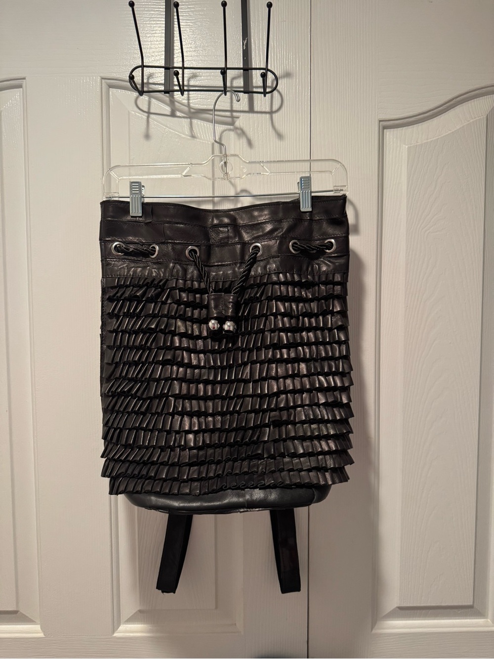 Black Leather Ruffle Drawstring Women’s Backpack - Picture 5 of 8